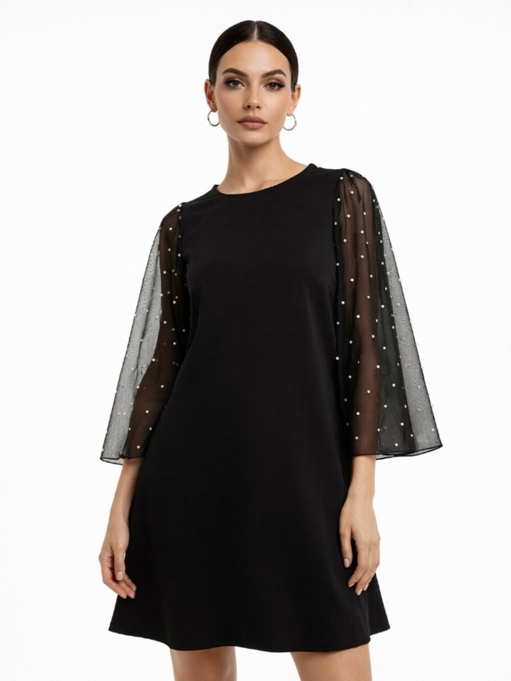 MSK Black Midi Dress with Sheer Pearl-Dotted Sleeves Medium
